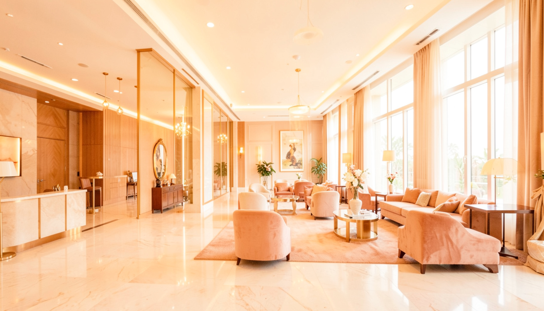 Lüks bir otel lobisinde sıcak amber tonlarında aydınlatma, modern ve sofistike ortam