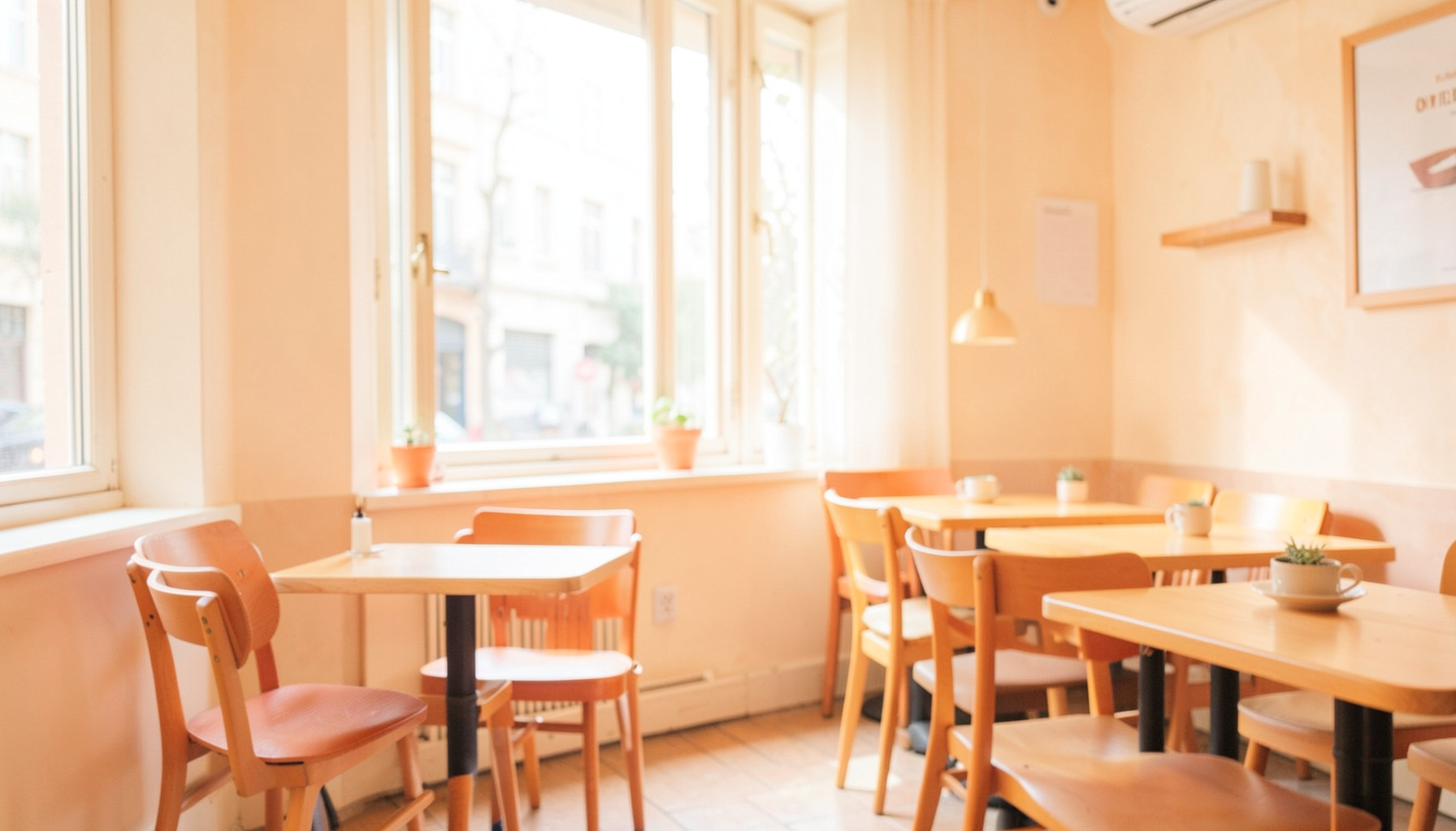 Aydınlık, ferah bir İstanbul kafe terası, sıcak yaz ışığı ve yumuşak gölgeler